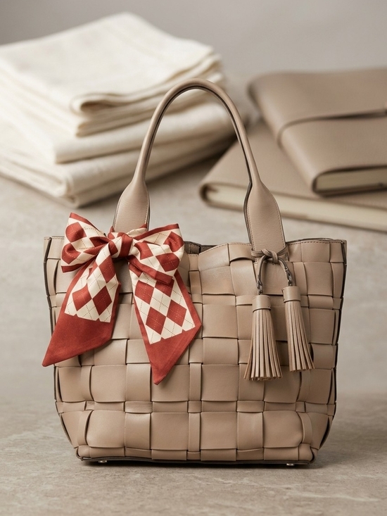 MICHAEL Michael Kors Handbags - Michael Kors Vivian Woven Leather Tote Taupe Basket Weave Tassel Shoulder Bag